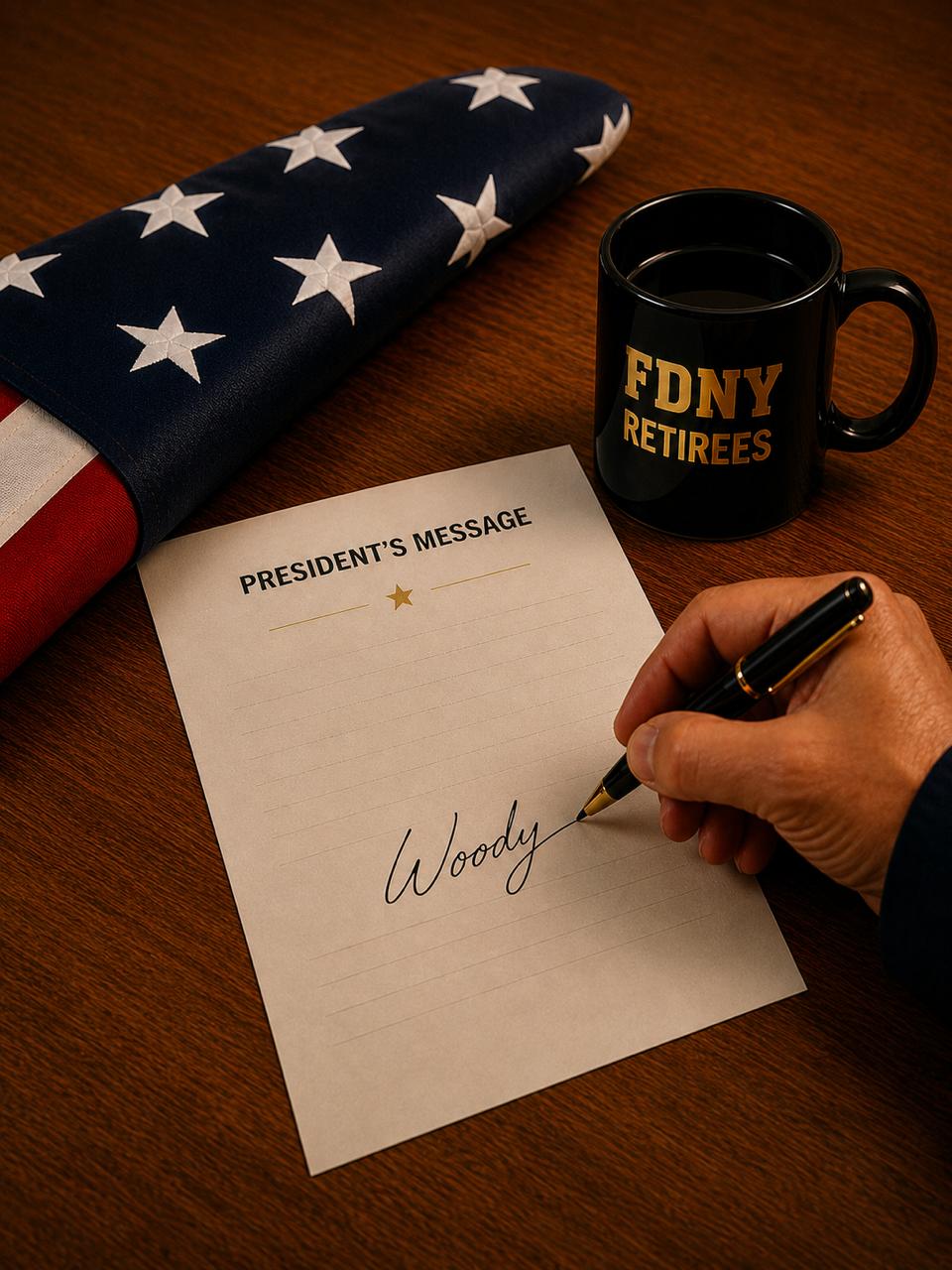 President’s Message image with FDNY Retirees mug, folded American flag, and Woody signature